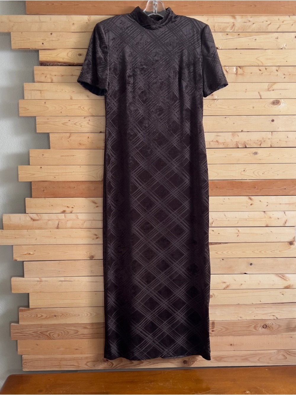 DONNA RICCO Vintage Women’s Brown Velvet Textured Plaid Print Maxi Dress size 8